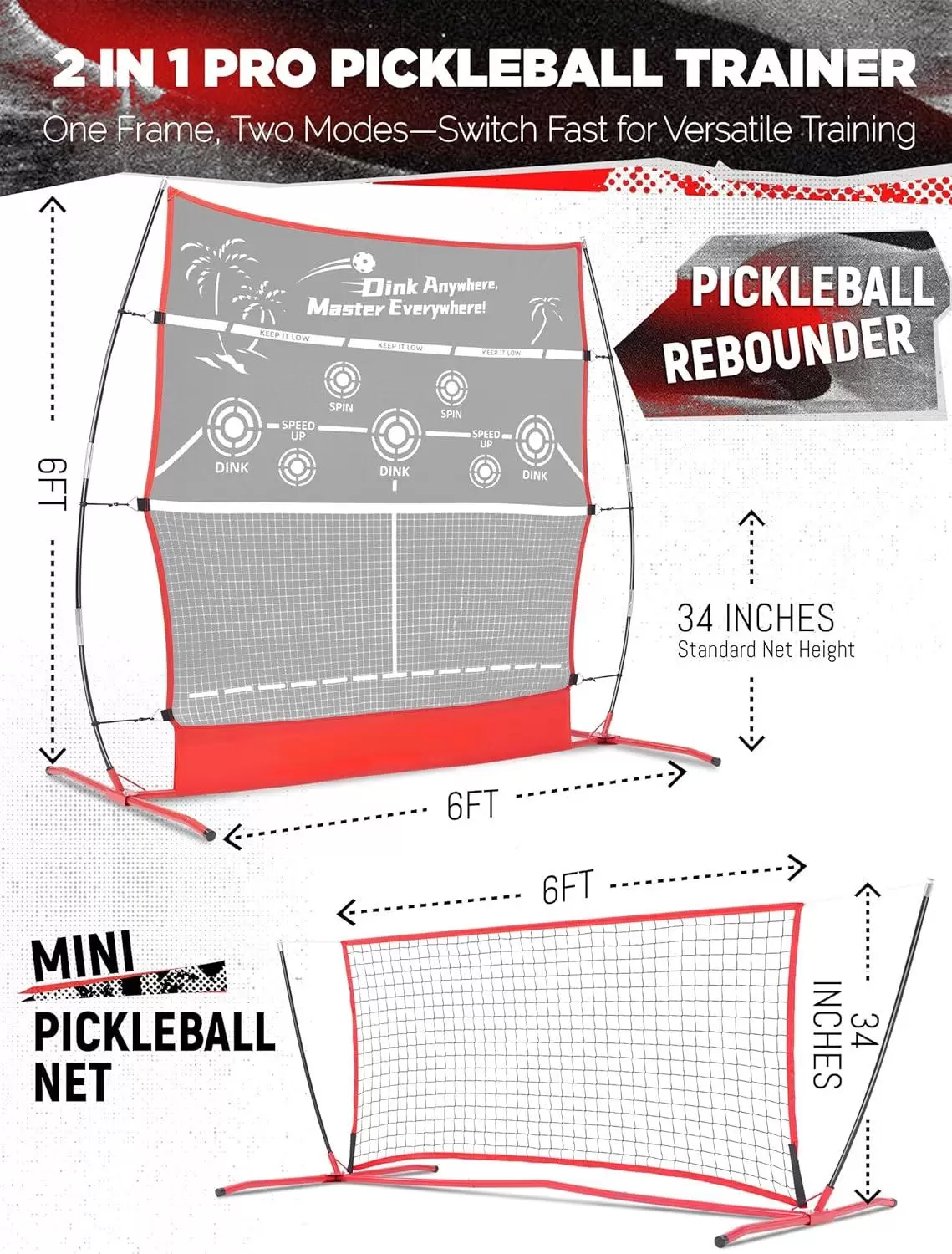 6*6FT 2-in-1 Pickleball Rebounder Net