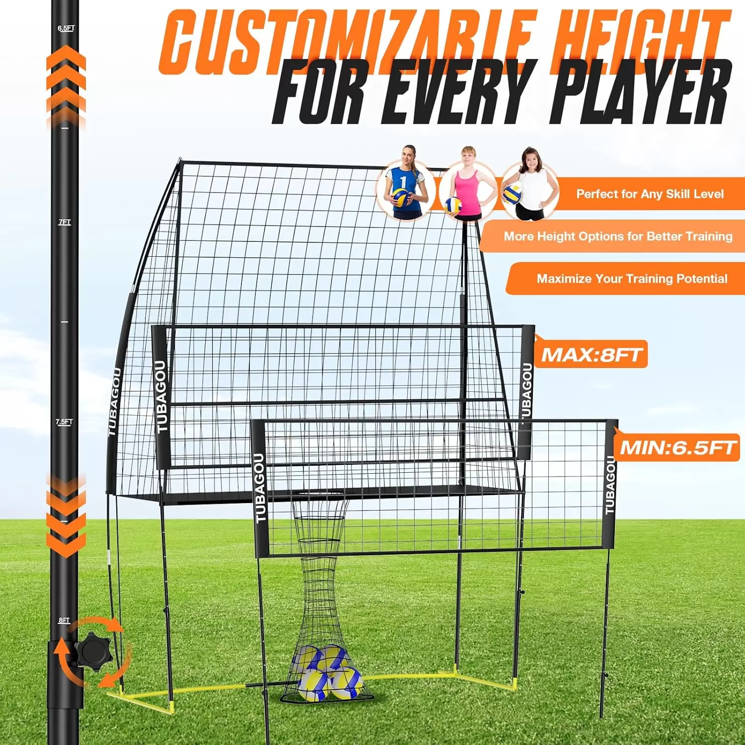 Volleyball Practice Net Station with Adjustable Height & Ball Return